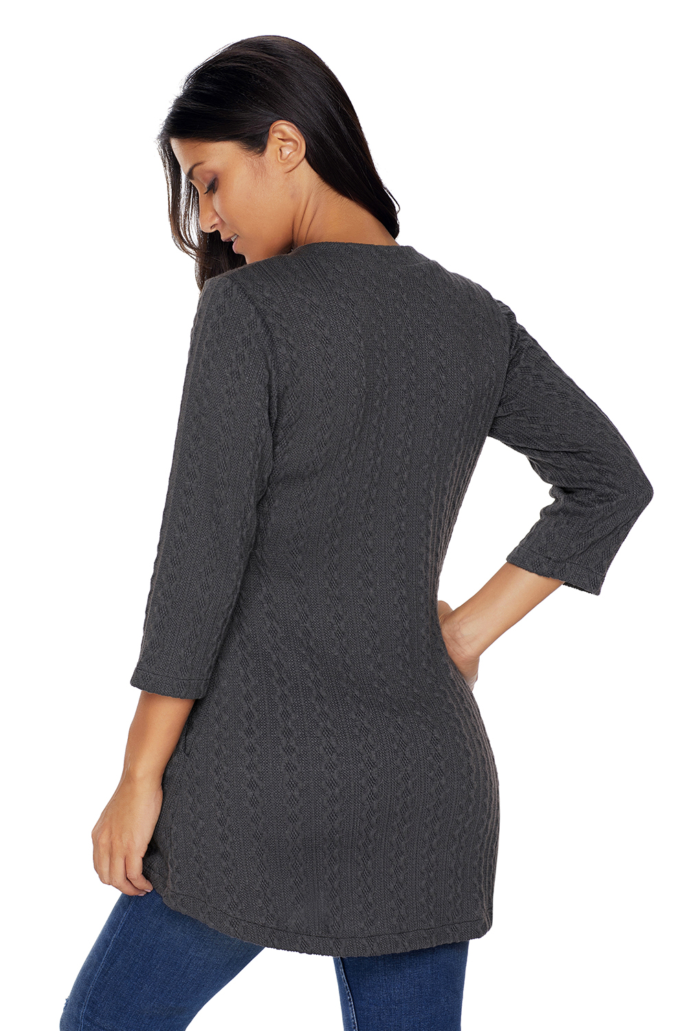 BY27750-1011 Charcoal Cable Knit Button Neck Swingy Tunic